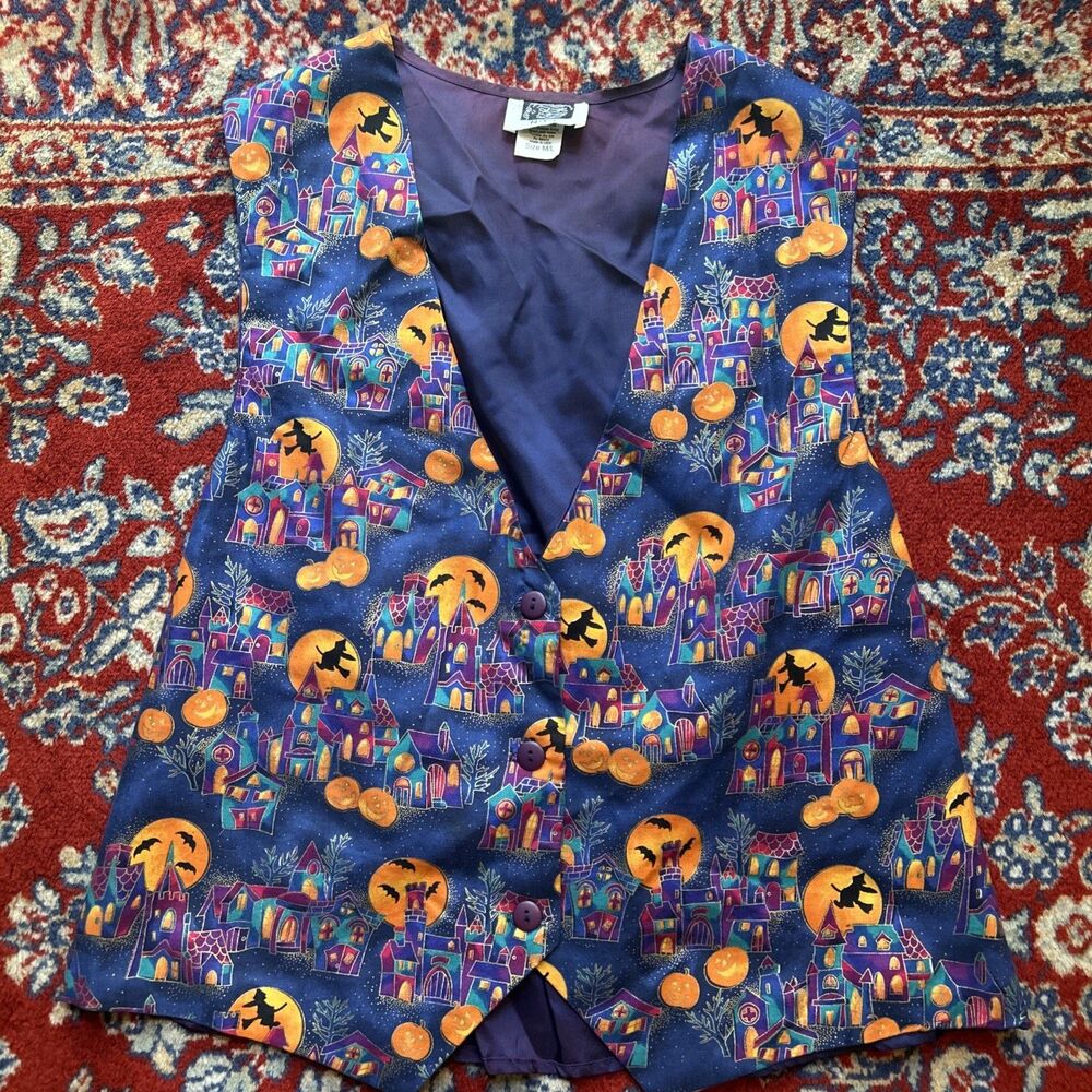 Vintage 90s Vest Halloween NYC Purple Orange Pumpkins Bats Witches